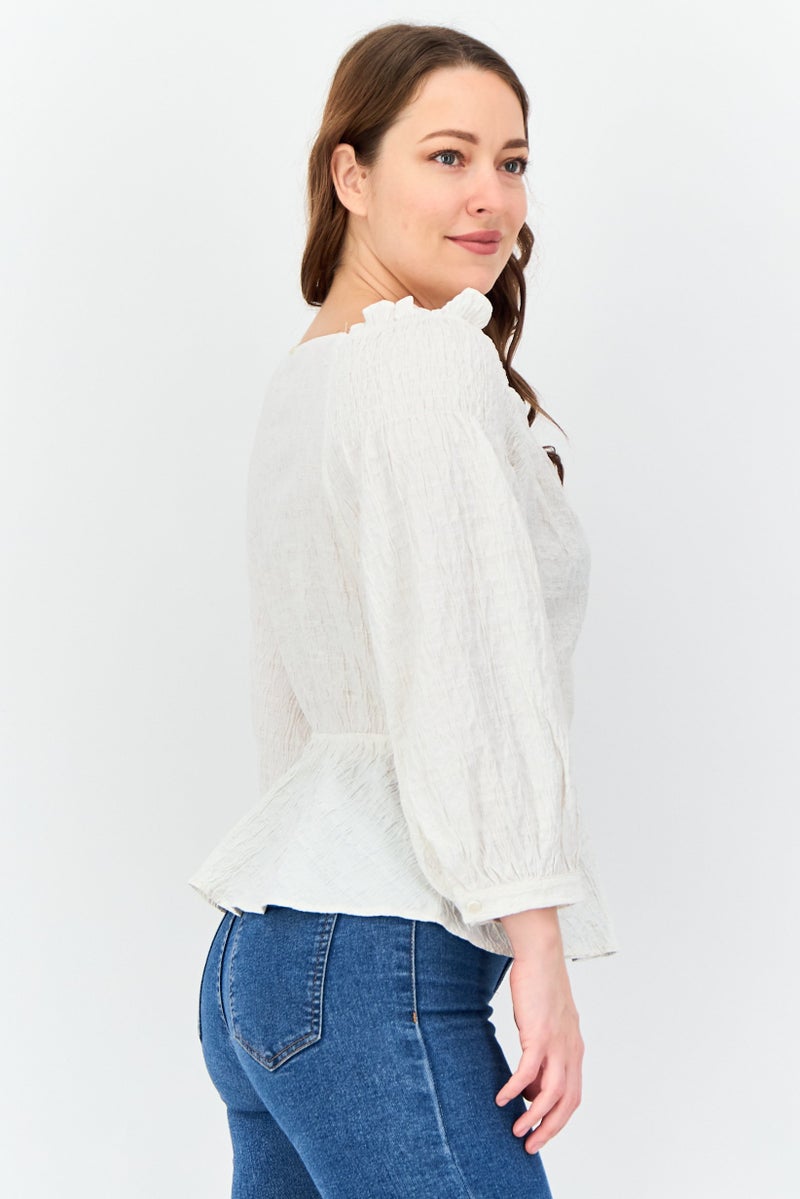 SALSA Women Surplice Neck Long Sleeve Textured Blouse, Ivory - Image 3